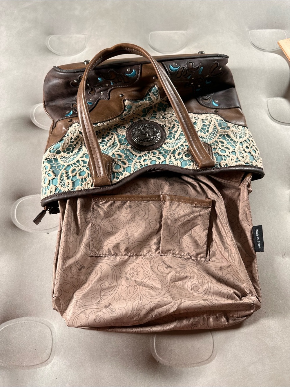 Justin Boots Western Brown Shoulder Handbag Retro Lace Cottagecore Boho Hippie - Picture 14 of 16